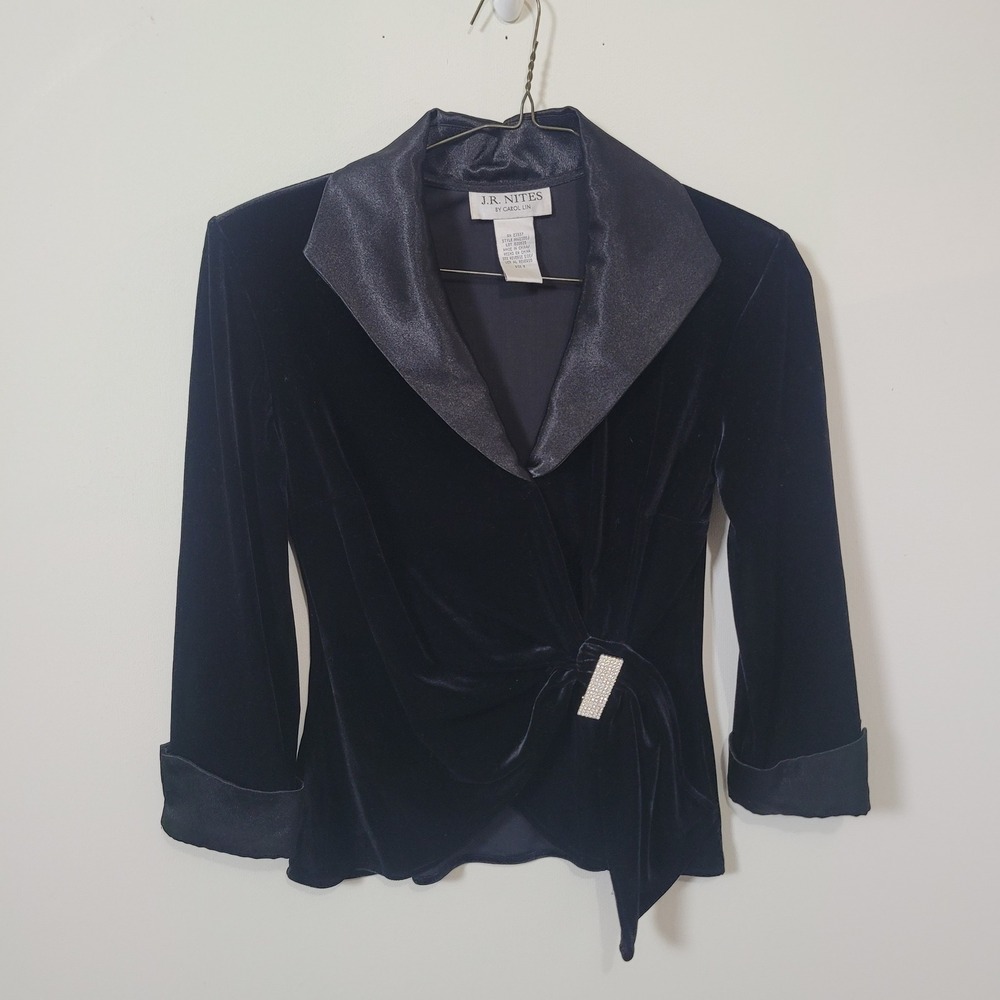 J.R. Nites 8 Velvet Wrap Top Womens Black Satin Shawl Collar Rhinestone M42580J